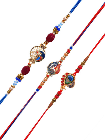Set Of 3 Whimsically Handcrafted Red and Blue Peacock Rakhi - Only Rakhi (PST2371_3)