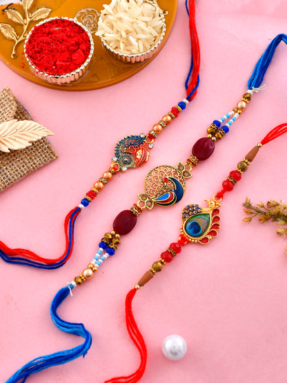 Set Of 3 Whimsically Handcrafted Red and Blue Peacock Rakhi - Only Rakhi (PST2371_3)
