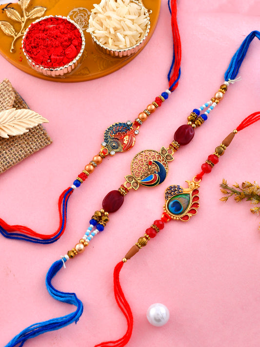 Set Of 3 Whimsically Handcrafted Red and Blue Peacock Rakhi - Only Rakhi (PST2371_3)