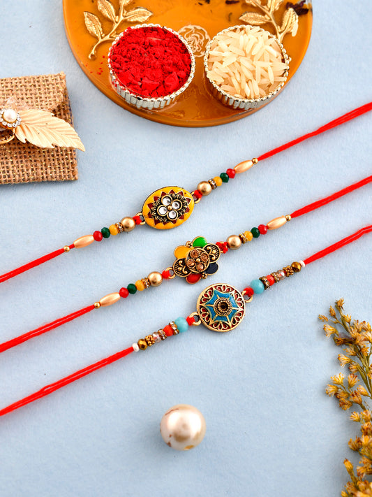 Set Of 3 Metal & Ceramic Engraved Beaded Bhaiya Rakhi - Only Rakhi (PST2374_3)