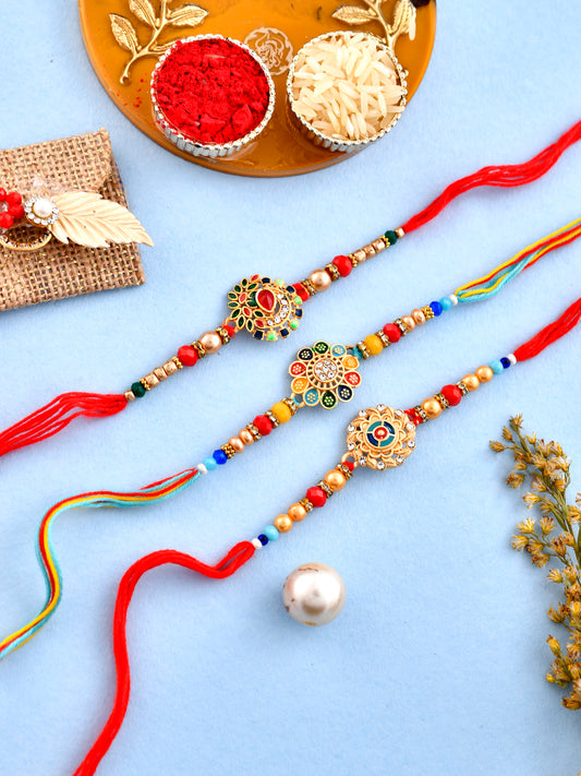 Set Of 3 MultiColoured Kundan Handcrafted Royal Rakhi - Only Rakhi (PST2376_3)