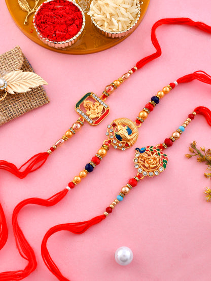 Set Of 3 Charming Metal & Swarowski Handcrafted Ganesha Rakhi - Only Rakhi (PST2377_3)