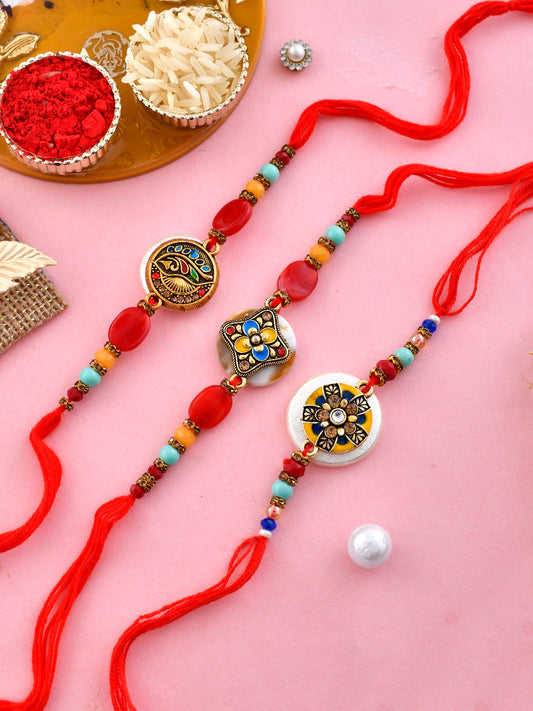 Set Of 3 Embellished Resin Based Colourful Antique Rakhi - Only Rakhi (PST2378_3)