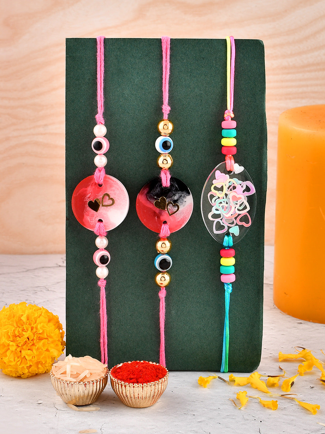 Set Of 3 Multicoloured Love Resined Adorable Rakhi - Only Rakhi (PST2382_3)