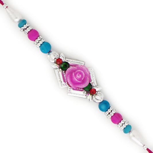 Aapno Rajasthan Pink & Blue Beads Studded Rose Shape Rakhi - Default Title (RB17627)