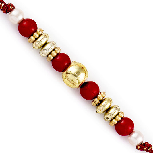 Aapno Rajasthan Red & Golden Solid Round Beads Rakhi - Default Title (RB17685)