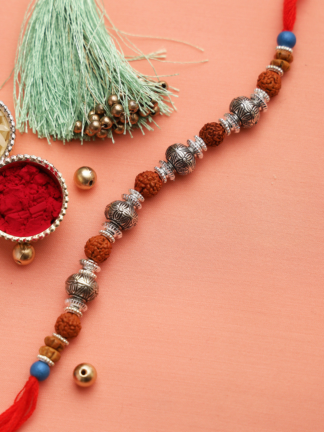 Auspicious Rudraksh and Silver Plated Beads Rakhi - Only Rakhi (RD22202)