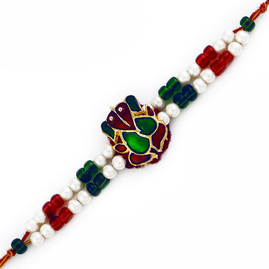 Green & Maroon Crystal Ganesh Rakhi with Colorful Beads - Default Title (RJ17205)