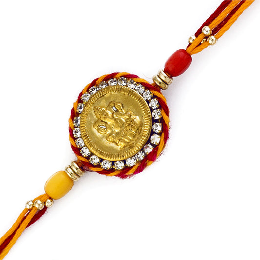 Aapno Rajasthan Red & Yellow Rakhi with Ganesh Motif on Coin Shape base - Default Title (RJ17211)