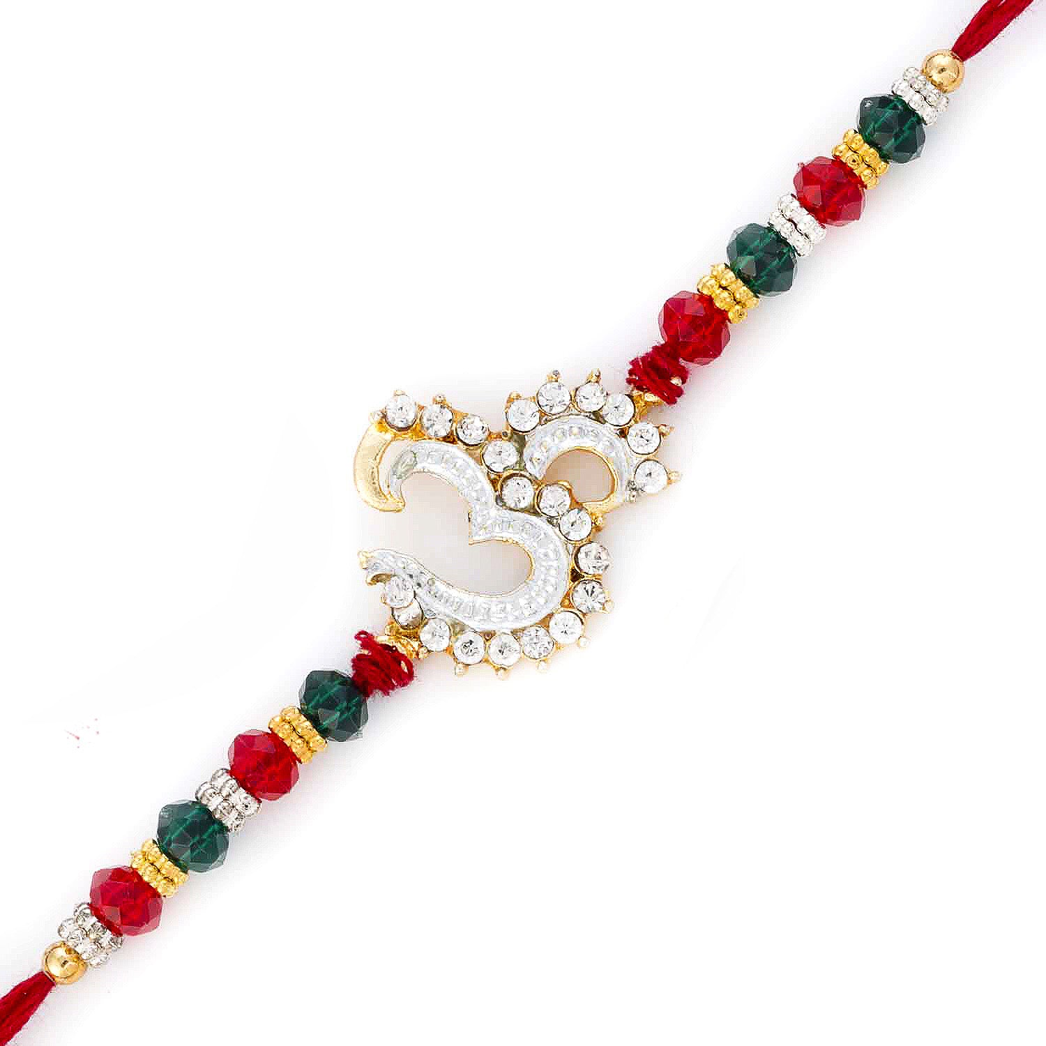 Aapno Rajasthan Green & Red Crystal Beads OM Motif Rakhi - Default Title (RJ17245)