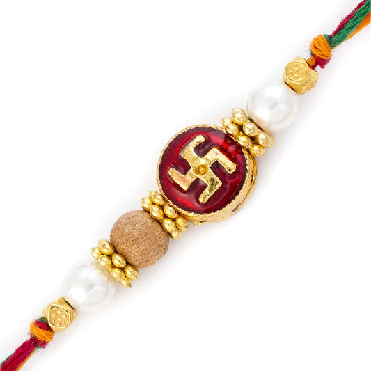 Aapno Rajasthan White Pearl & Golden Beads Swastik Motif Rakhi - Default Title (RJ17252)