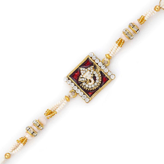 Aapno Rajasthan White Beads & Crystal Stone Studded Ganesh Motif Rakhi - Default Title (RJ17253)