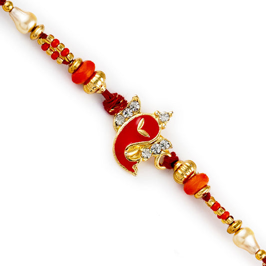 Aapno Rajasthan Orange & Golden Beads Ganesha Motif Rakhi - Default Title (RJ17269)