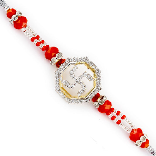 Aapno Rajasthan Orange Crystal Beads Studded Swastik Motif Rakhi - Default Title (RJ17292)