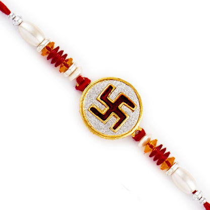 Aapno Rajasthan White Cylindrical Beads Studded Swastik Motif Rakhi - Default Title (RJ17293)