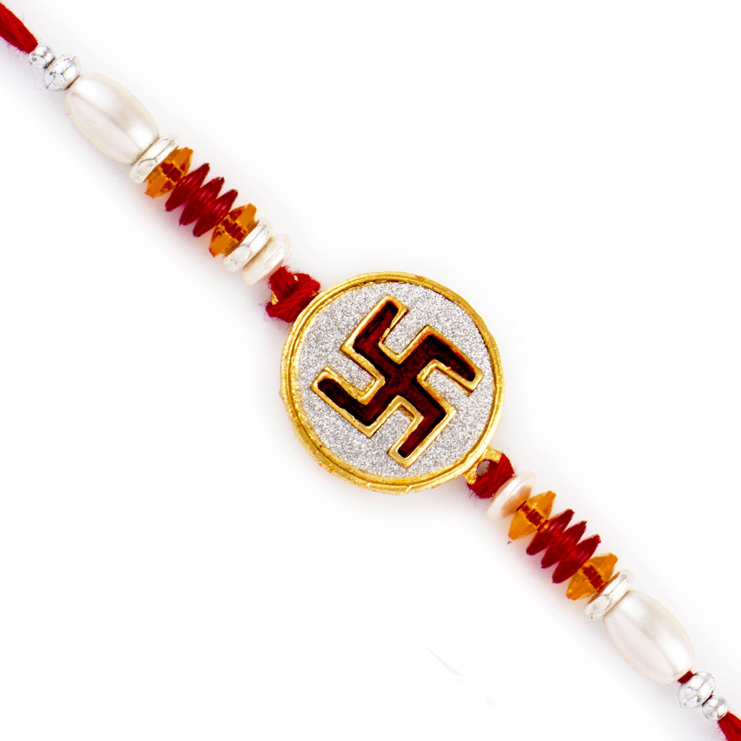 Aapno Rajasthan White Cylindrical Beads Studded Swastik Motif Rakhi - Default Title (RJ17293)