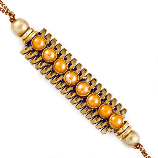 Aapno Rajasthan Golden Round Beads Embellished Bracelet Style Rakhi - Default Title (RJ17342)