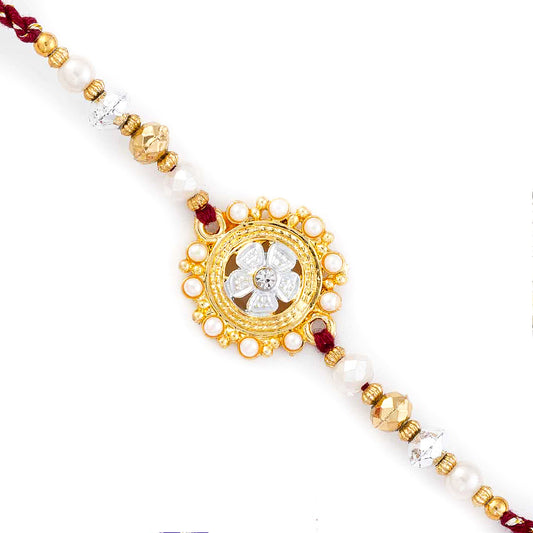 Aapno Rajasthan Golden & White Beads Embellished Floral Rakhi - Default Title (RJ17348)