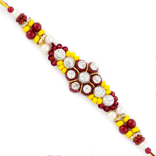 Aapno Rajasthan Yellow & Red Stones Beads Studded Floral Shape Rakhi - Default Title (RJ17356)