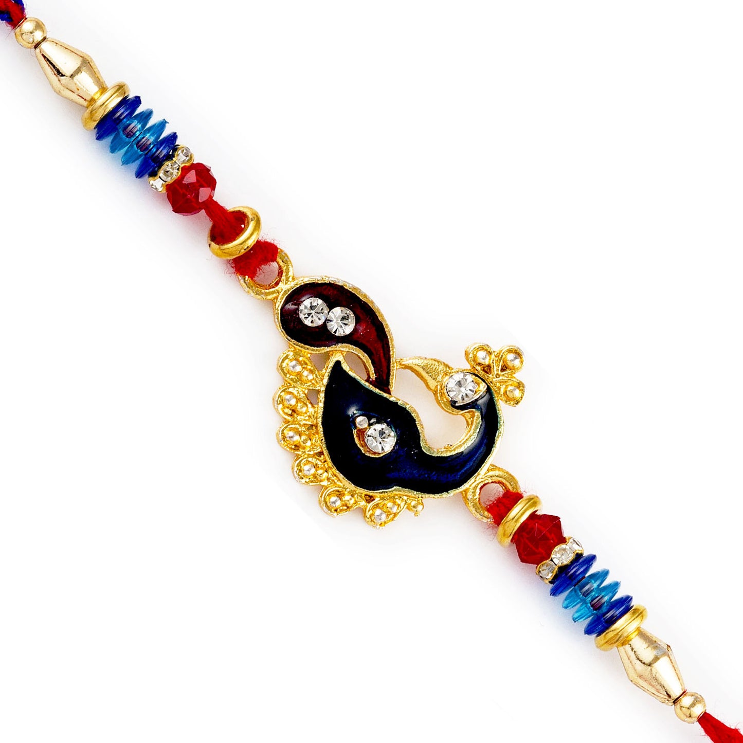 Aapno Rajasthan Red & Blue Beads Peacock Motif Rakhi - Default Title (RJ17393)