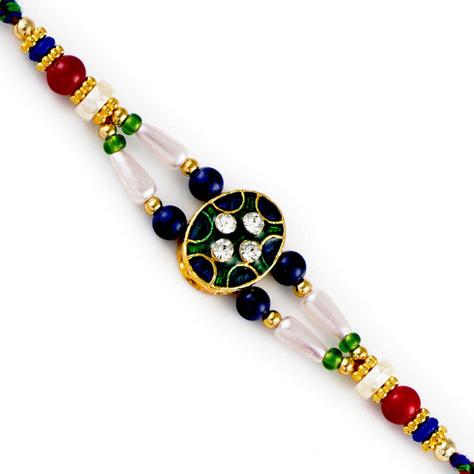 Aapno Rajasthan White Blue Beads & Ad studded Meenakari rakhi - Default Title (RJ17407)