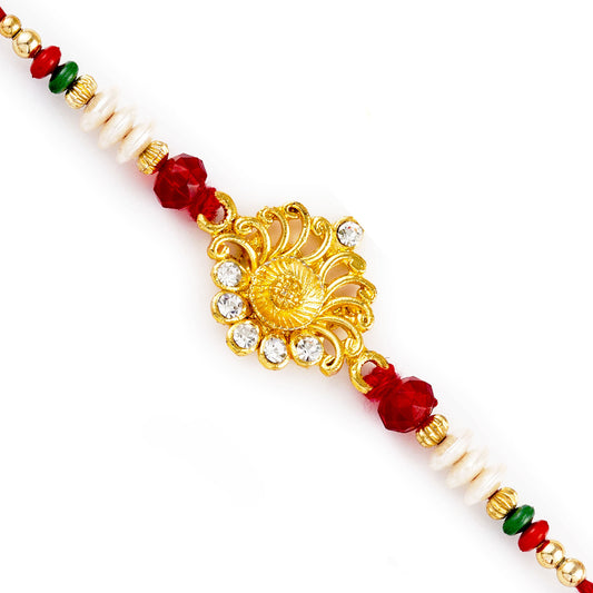 Aapno Rajasthan Stylsih Red & White Beads with AD Studded Rakhi - Default Title (RJ17411)