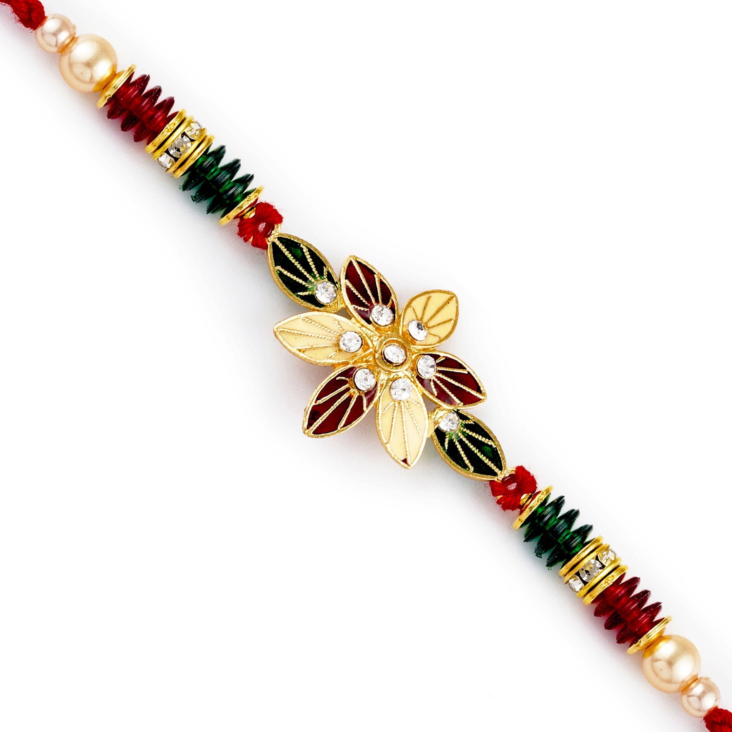 Aapno Rajasthan Red & Green Floral Motif & Beads Rakhi - Default Title (RJ17420)