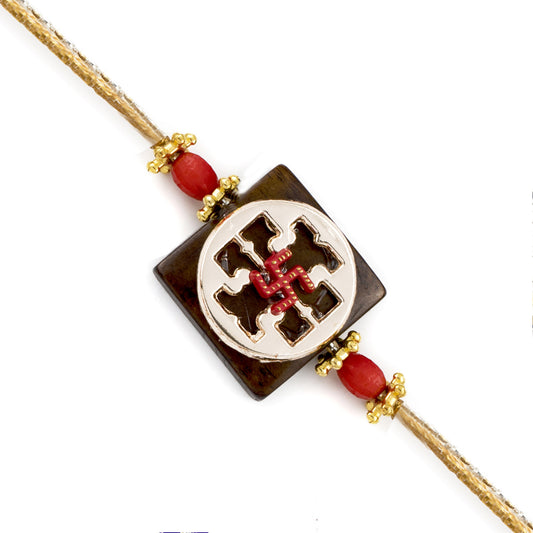 Aapno Rajasthan Swastik Design Wood & Metallic Rakhi - Default Title (RJ1892)
