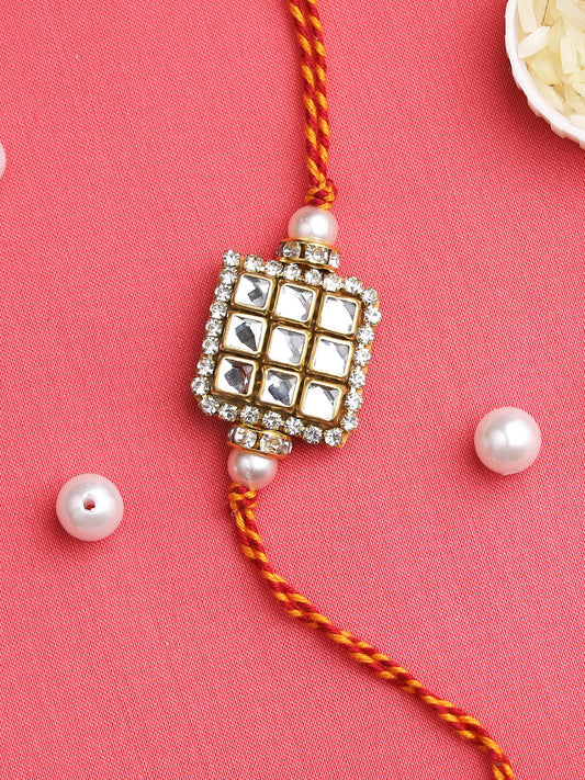 Kundan and Diamond Work Square Shaped Rakhi - Only Rakhi (RJ22102)