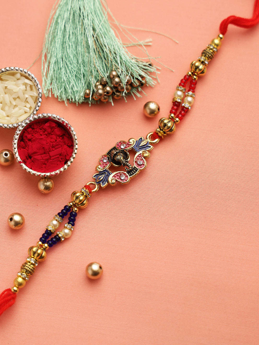 Multicolor Beads Amazing Coloured Meena work Ganesh Rakhi - Only Rakhi (RJ22113)
