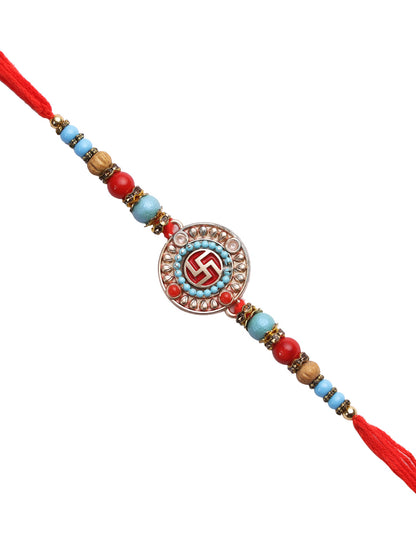 Red & Turquoise Beads SWASTIK Rakhi - Only Rakhi (RJ22115)