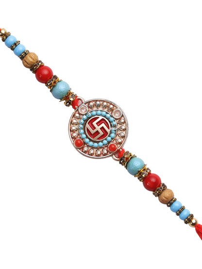 Red & Turquoise Beads SWASTIK Rakhi - Only Rakhi (RJ22115)
