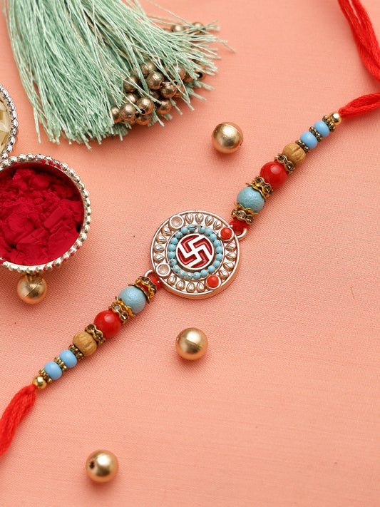 Red & Turquoise Beads SWASTIK Rakhi - Only Rakhi (RJ22115)