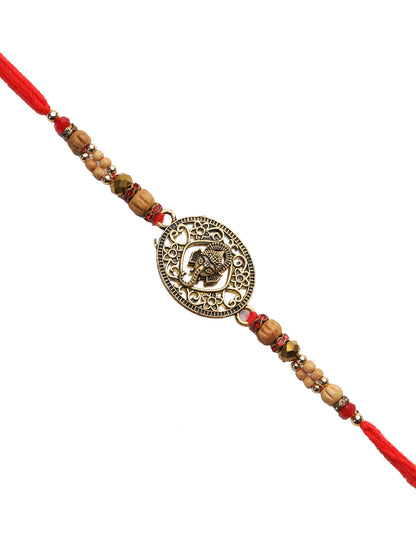 Lovely Wooden Beads Filigree Work Ganapati Rakhi - Only Rakhi (RJ22118)