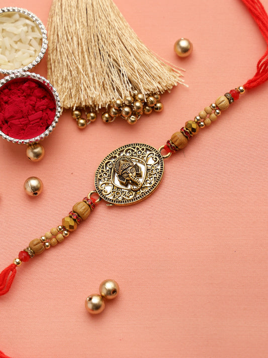 Lovely Wooden Beads Filigree Work Ganapati Rakhi - Only Rakhi (RJ22118)