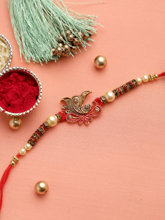 Ganapati Rustic Finish Rakhi with Pearls and Golden Rings - Only Rakhi (RJ22122)