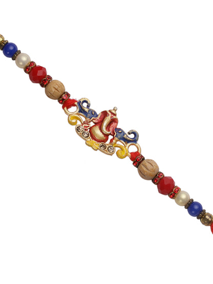 Wooden and Multicolor Beads Lord Ganapati Motif Rakhi - Only Rakhi (RJ22123)