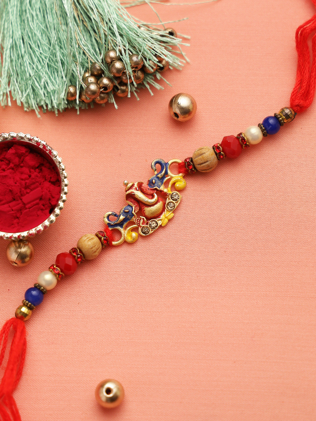 Wooden and Multicolor Beads Lord Ganapati Motif Rakhi - Only Rakhi (RJ22123)