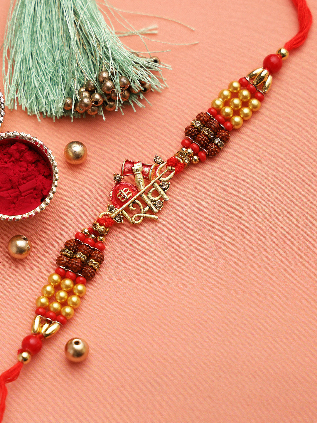 Rudraksh and Golden Balls Rakhi with LORD SHIVA Motif - Only Rakhi (RJ22124)