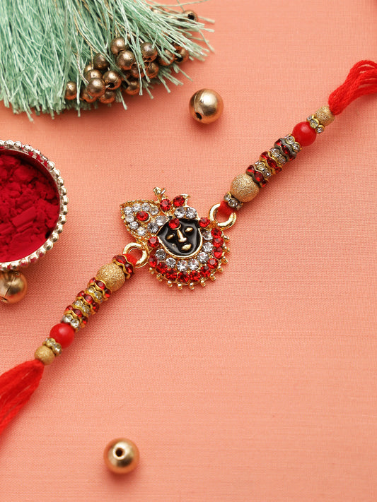 Gold Plated Bihariji Rakhi with Beads and coloured Stones - Only Rakhi (RJ22126)