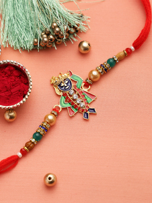 White American Diamonds BIHARIJI Rakhi with colourful Beads - Only Rakhi (RJ22127)