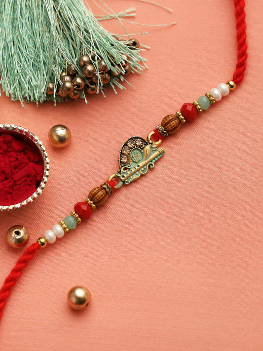 White Beads KRISHNA Motif Rakhi - Only Rakhi (RJ22128)