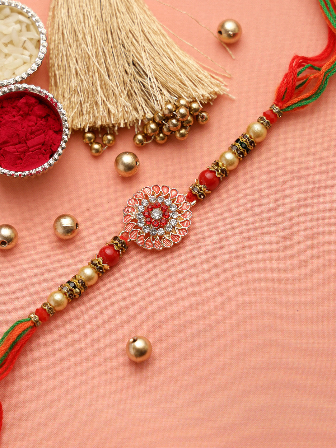Traditional Diamonds and Beads Embellished Rakhi - Only Rakhi (RJ22138)