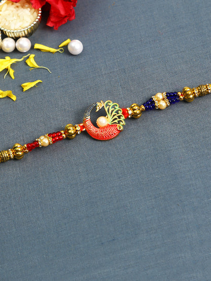 Golden Beads and Meenakari work Peacock Rakhi - Only Rakhi (RJ22141)