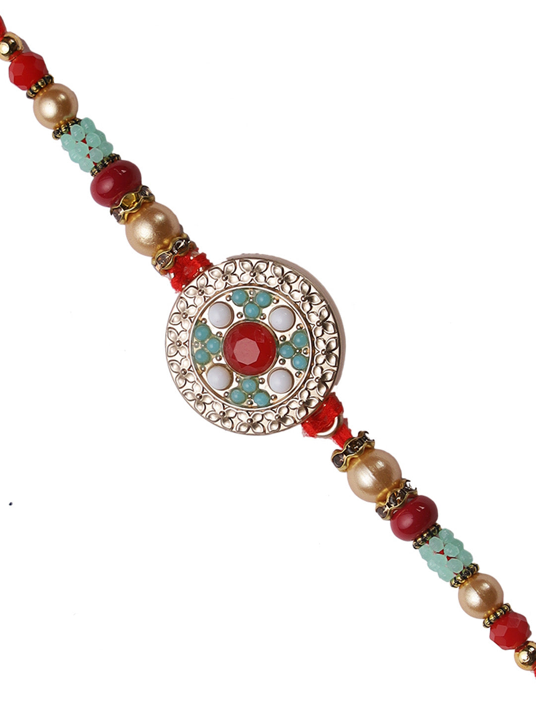 Turquoise Coral and Golden Beads Traditional Rakhi - Only Rakhi (RJ22142)
