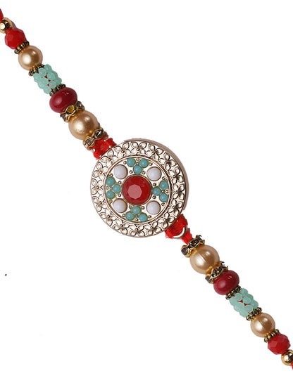 Turquoise Coral and Golden Beads Traditional Rakhi - Only Rakhi (RJ22142)