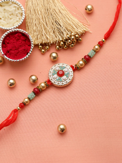Turquoise Coral and Golden Beads Traditional Rakhi - Only Rakhi (RJ22142)
