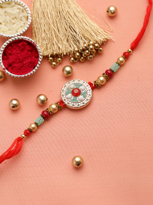 Turquoise Coral and Golden Beads Traditional Rakhi - Only Rakhi (RJ22142)