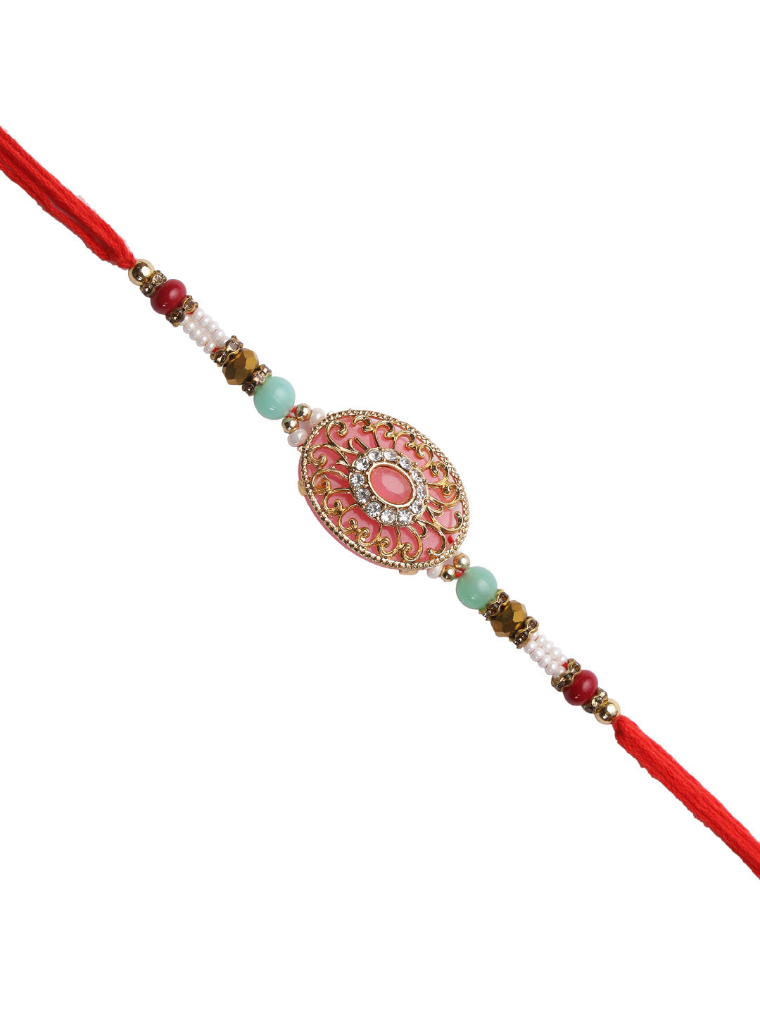 Golden Filigree work Jewelled Rakhi with Red and White Beads - Only Rakhi (RJ22143)