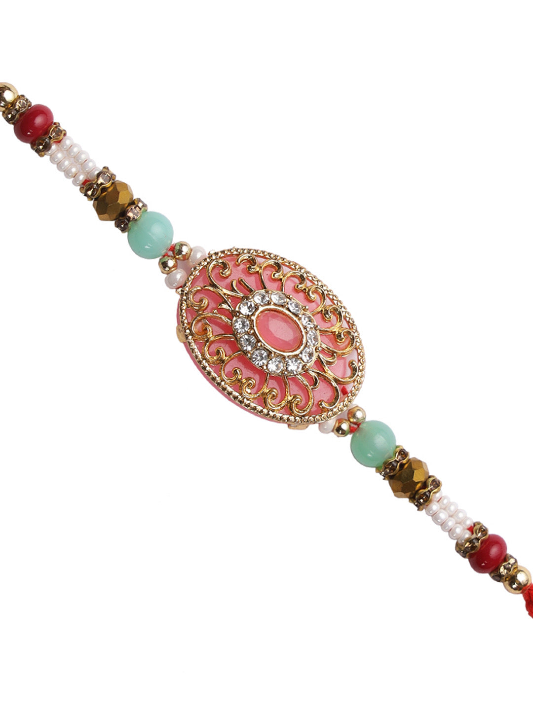 Golden Filigree work Jewelled Rakhi with Red and White Beads - Only Rakhi (RJ22143)